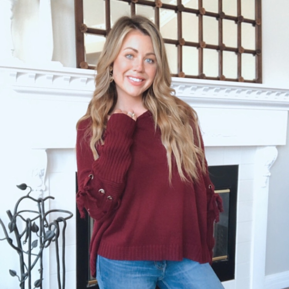 She & Sky Maroon Lace Up Knit Sweater M